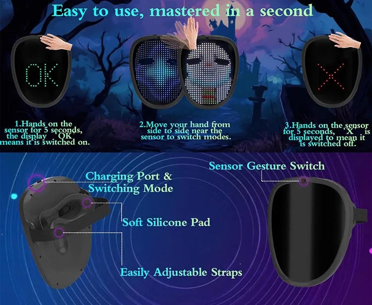 Máscara LED para niños con detección de gestos, máscara iluminada para niños para Halloween, Navidad, disfraz, fiesta de cumpleaños