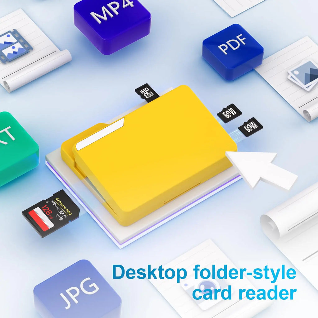Lector de Tarjetas de Memoria SD BUDI, Lectura y Escritura Simultánea de 4 Tarjetas, con Estuche de Almacenamiento Tipo Carpeta de 15 Ranuras, Compatible con Tipo-C