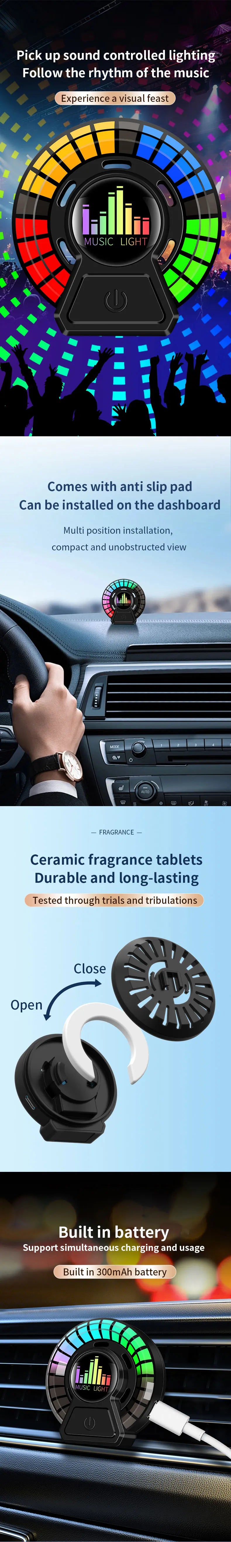 Ambientador de salida de aire para coche, aromaterapia rgb, lámpara de captación de sonido, lámpara LED de respiración, fragancia Floral de océano largo, aromaterapia sólida