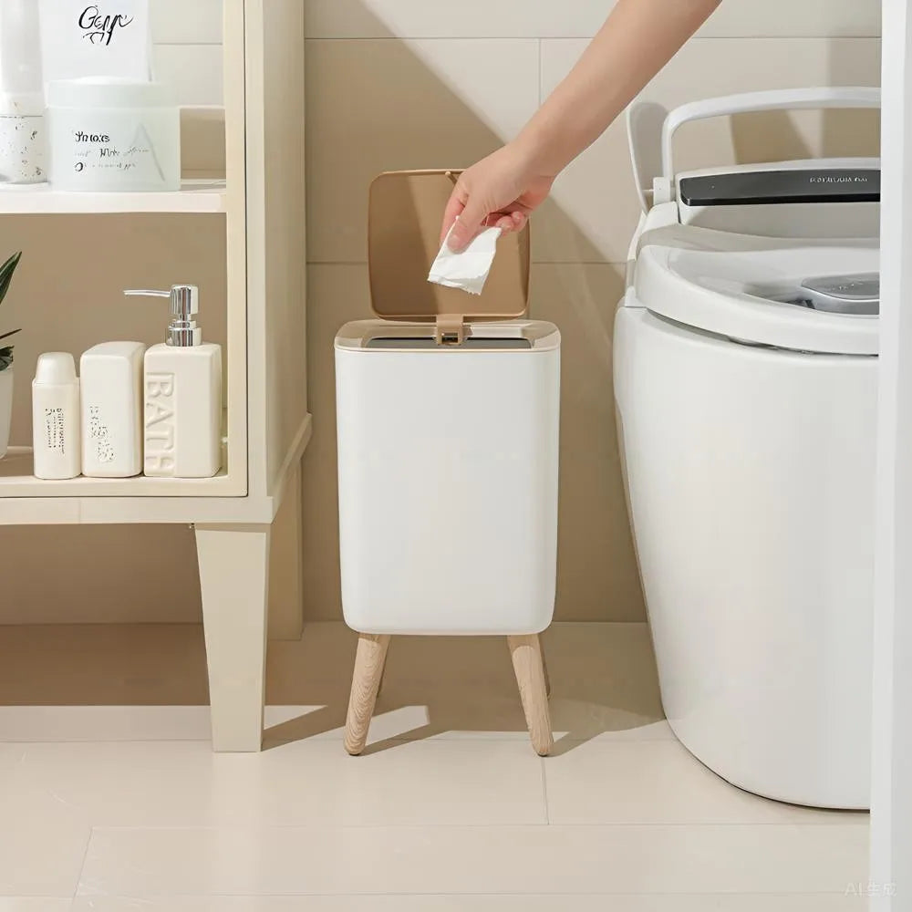 Cubo de basura tipo presión con imitación de madera para dormitorio, baño y sala