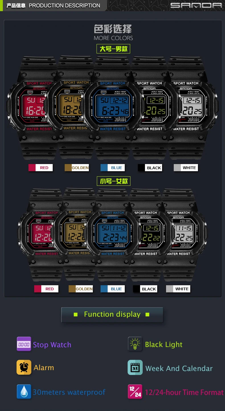 Reloj Digital Deportivo SANDA 329 para Hombre, LED, Resistente al Agua