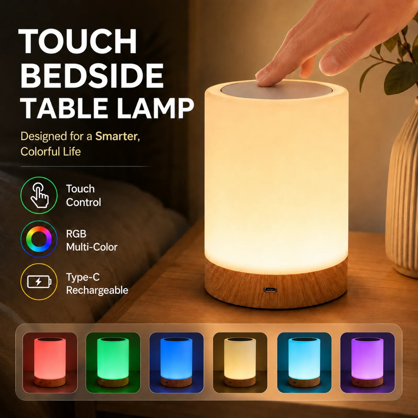 Lámpara de Mesa Táctil RGB Recargable USB Nocturna
