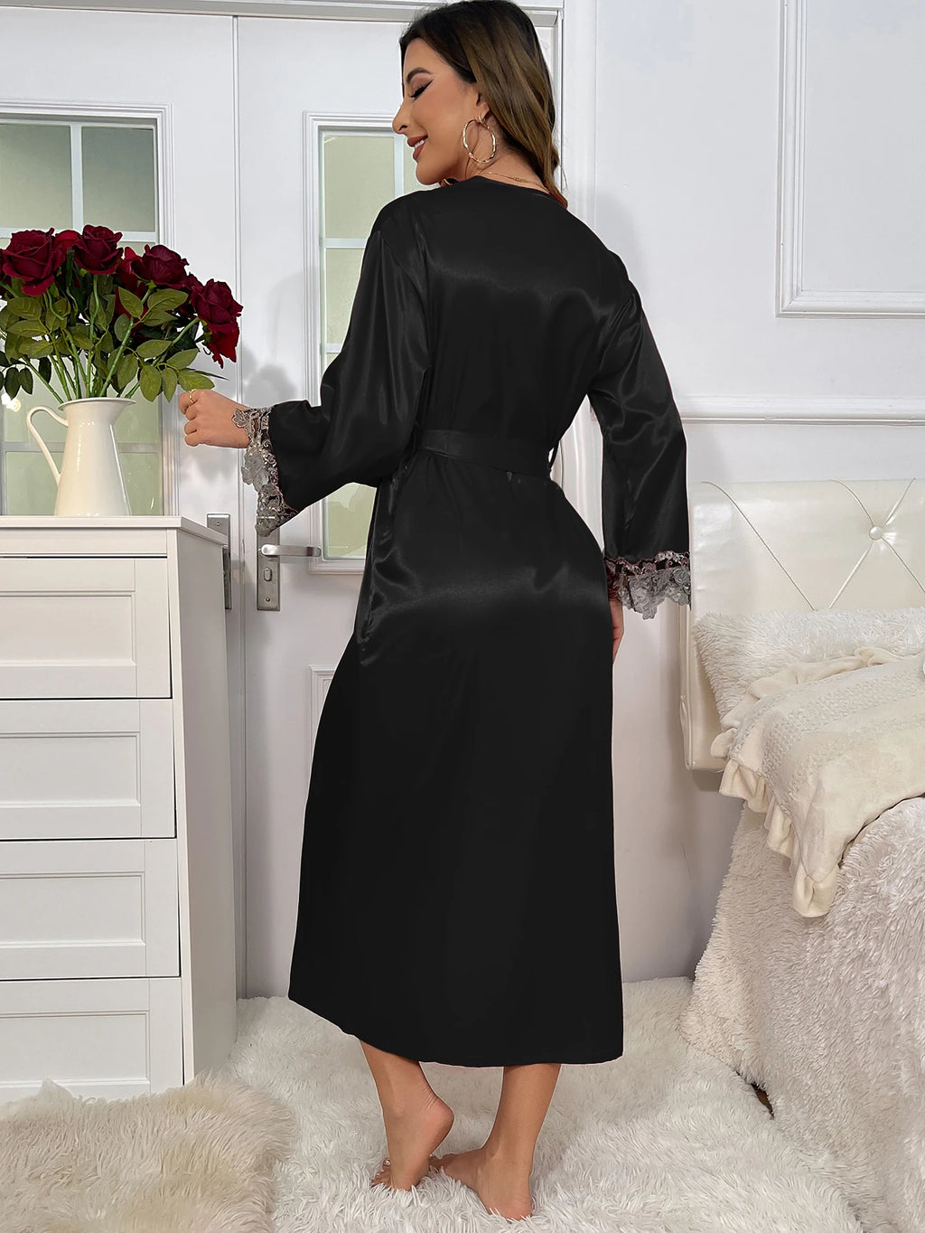 2cs Contraste de encaje de manga larga con cinturón bata con cuello en V vestido deslizante Sexy elegante conjuntos de pijamas para mujer