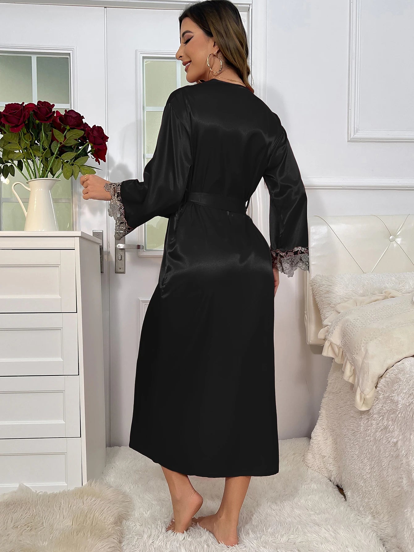 2cs Contraste de encaje de manga larga con cinturón bata con cuello en V vestido deslizante Sexy elegante conjuntos de pijamas para mujer
