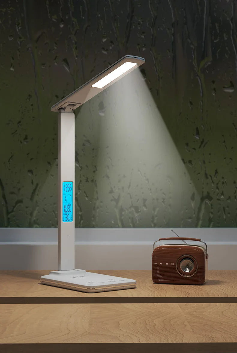 Lámpara de escritorio de lectura plegable, luz de escritorio enchufable USB, 15W, carga inalámbrica para teléfono móvil con tiempo, dormitorio, oficina, protección ocular