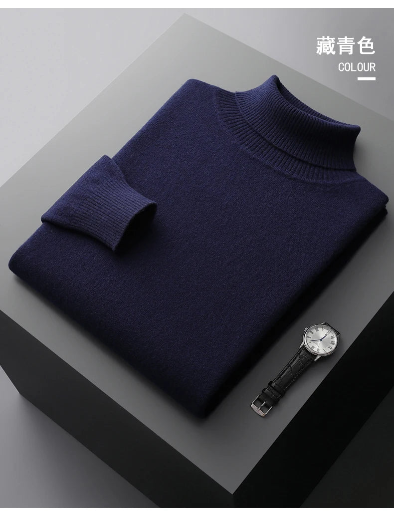 Suéter de cachemira Merina para hombre, Jersey de punto acolchado, cálido, cuello de tortuga, abrigo holgado de talla grande, otoño e invierno, 100%