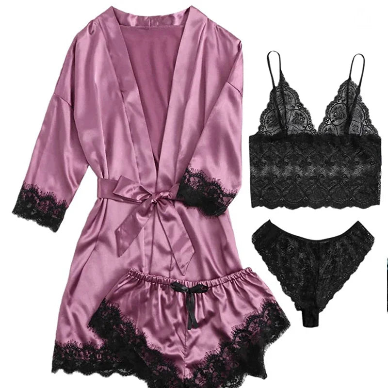Conjunto de Pijama Sexy para Mujer 4 Piezas con Encaje
