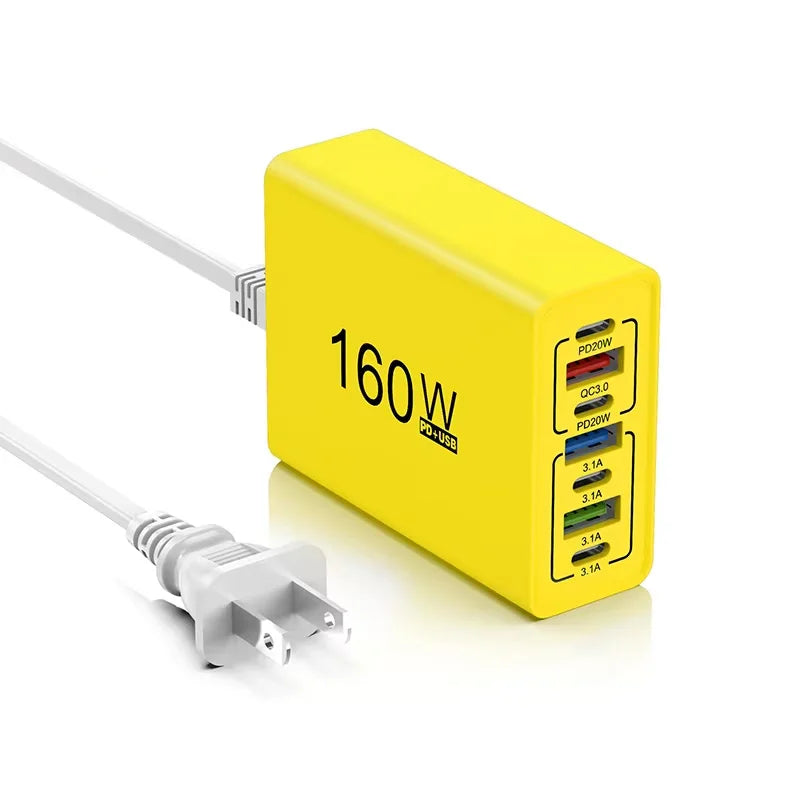 Cargador Rápido 160W 7 Puertos USB y USB-C, QC3.0, Pared Universal