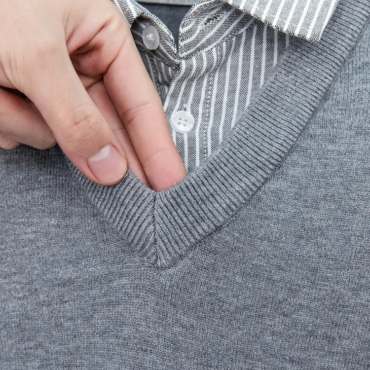 Suéter de punto con cuello de camisa para hombre, azul claro (6 colores), diseño falso de dos capas, estilo informal de negocios    Ajuste elástico y cómodo