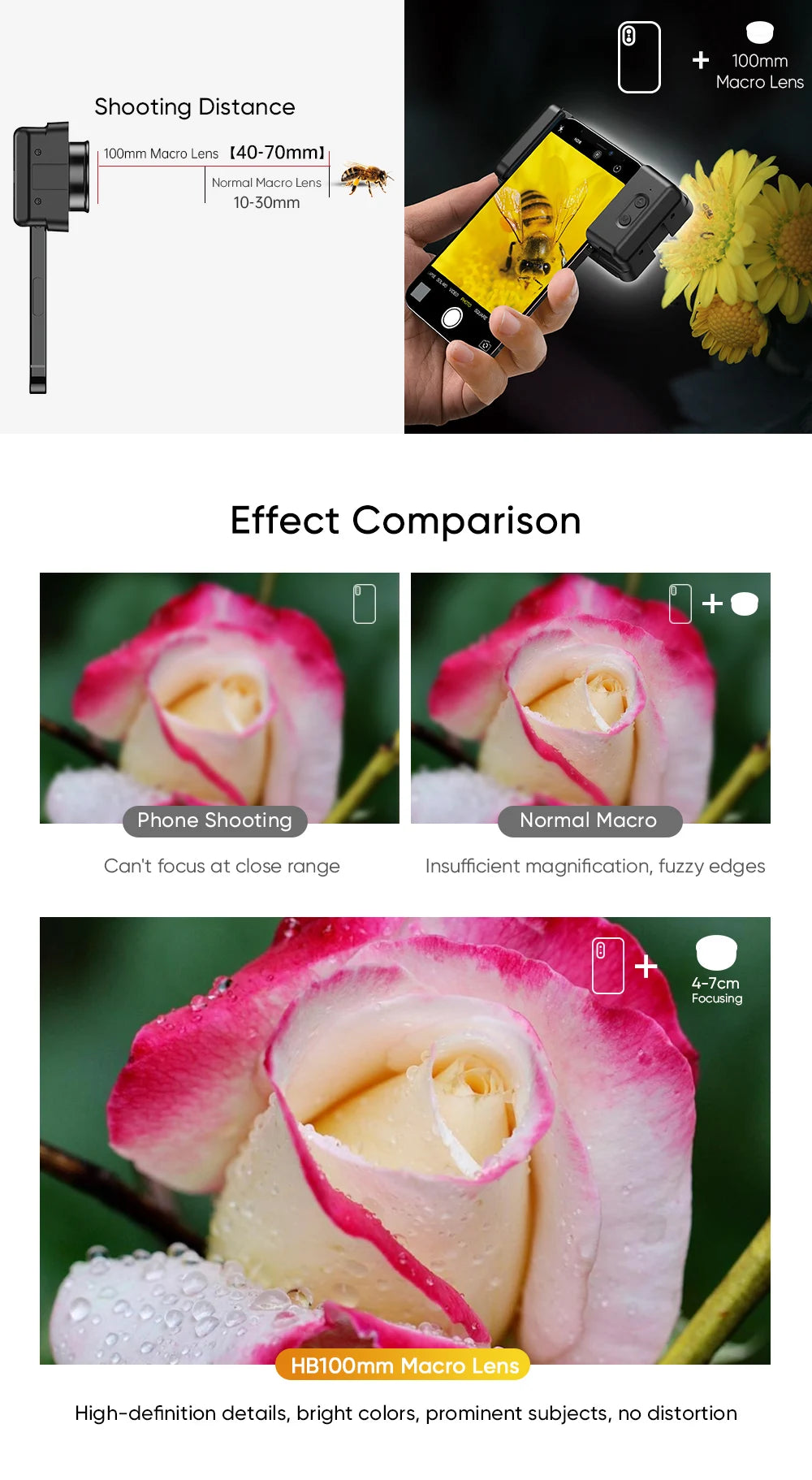Lente Macro 4K HD 100mm APEXEL con Luz LED para Smartphone