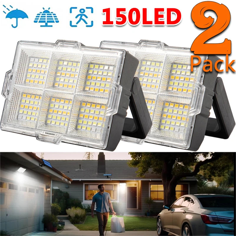Luz de trabajo solar, reflectores portátiles de 150 LED con soporte - Lámpara exterior recargable impermeable de 4 modos para sitio de trabajo, camping