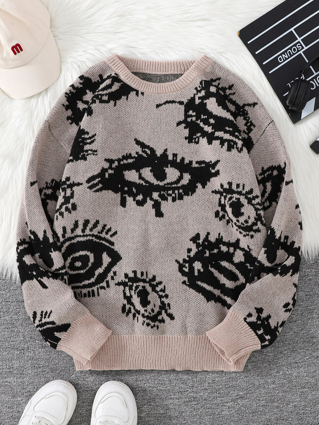 Nuevo Jersey Popular de otoño e invierno con diseño de Jacquard de ojos abstractos, suéter informal de punto con cuello redondo para hombre