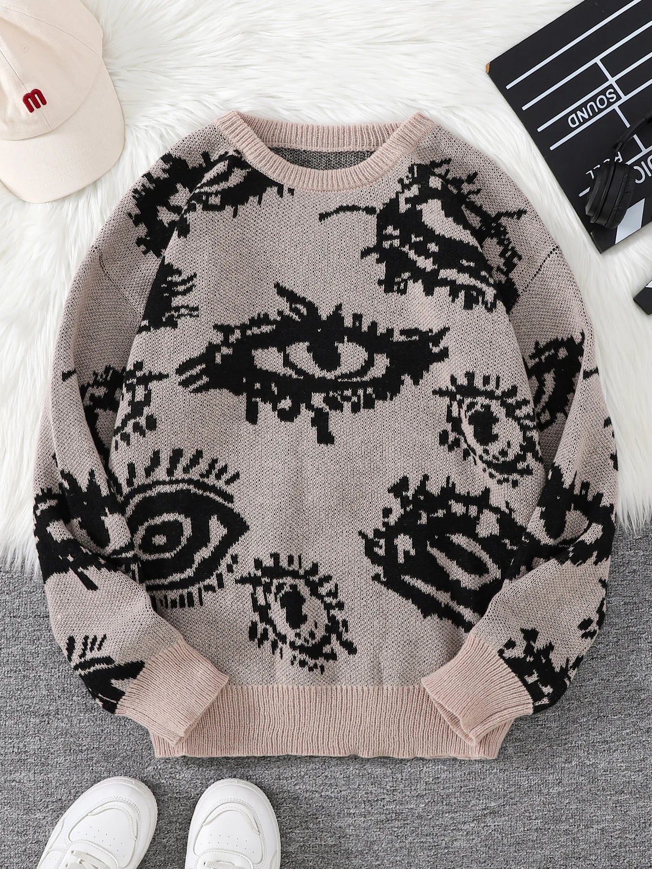 Nuevo Jersey Popular de otoño e invierno con diseño de Jacquard de ojos abstractos, suéter informal de punto con cuello redondo para hombre