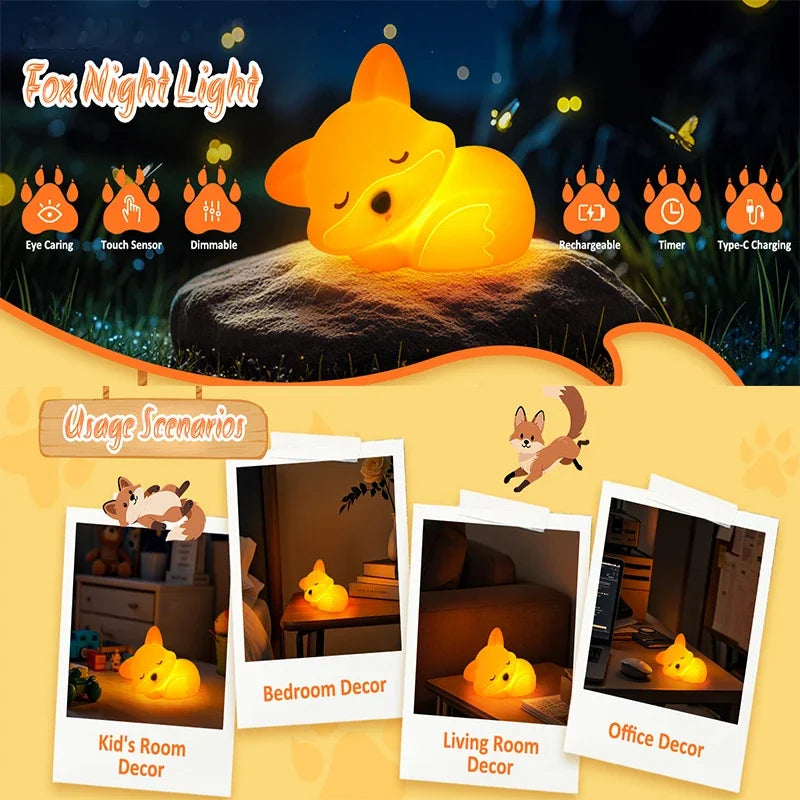 Luz nocturna de zorro, lindos regalos de luz nocturna de silicona para niños, luces de animales con control táctil, temporizador y recargable por USB