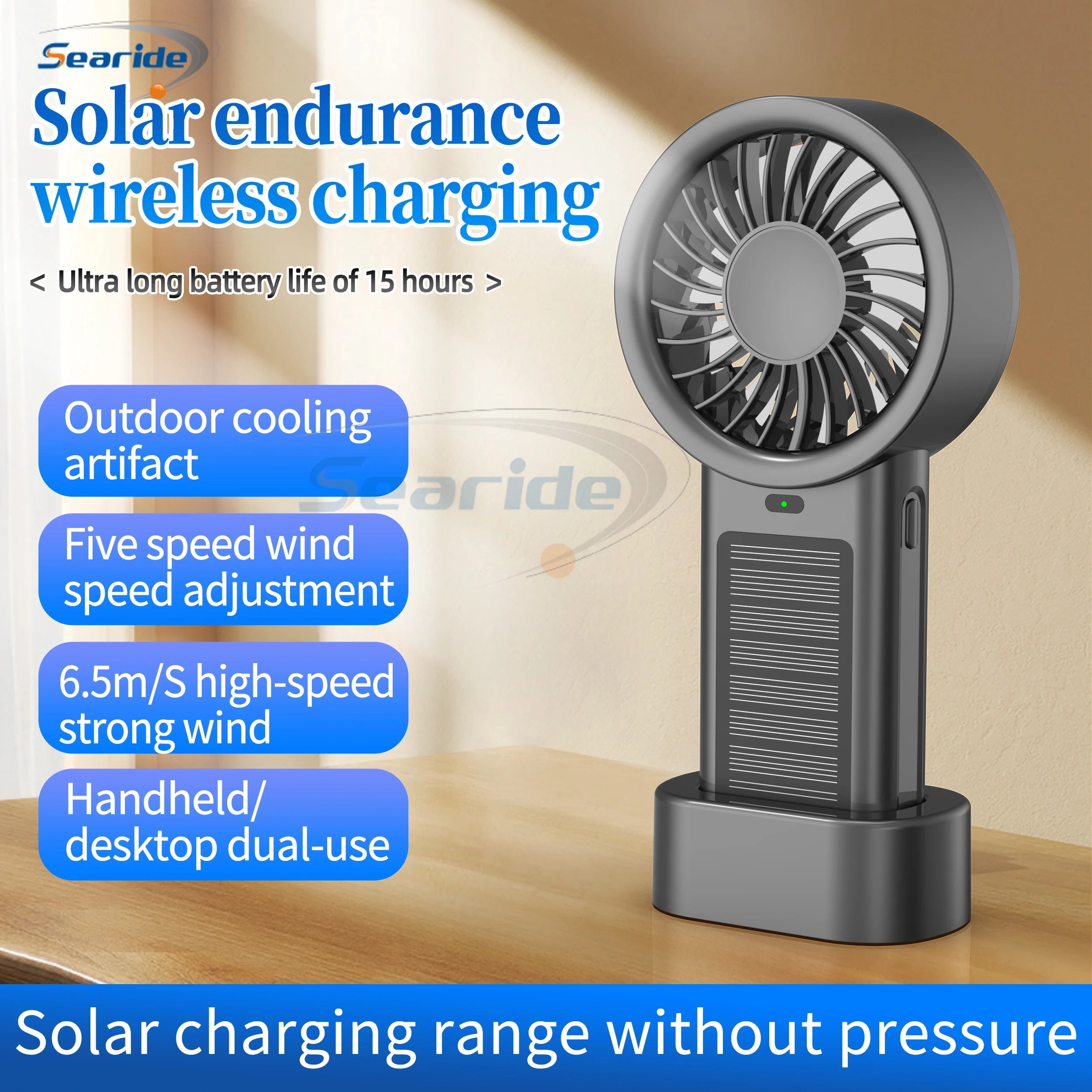 Ventilador solar portátil 5 velocidades, recargable USB para camping