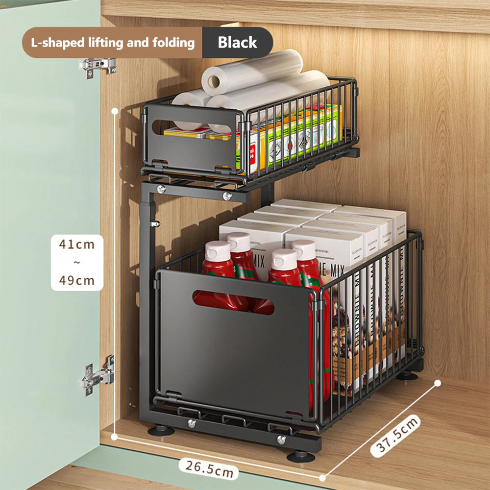 Organizador de gabinete extraíble de 2 niveles, estante de almacenamiento de cocina ajustable, organizador debajo del fregadero, estante de almacenamiento para tarros de especias, cajón deslizante