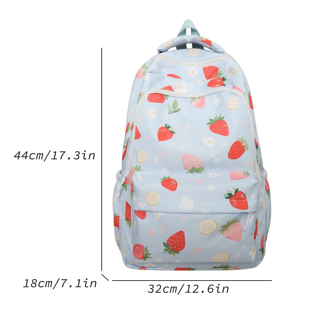 Mochila Escolar de Nailon con Estampado de Fresas Resistente al Agua