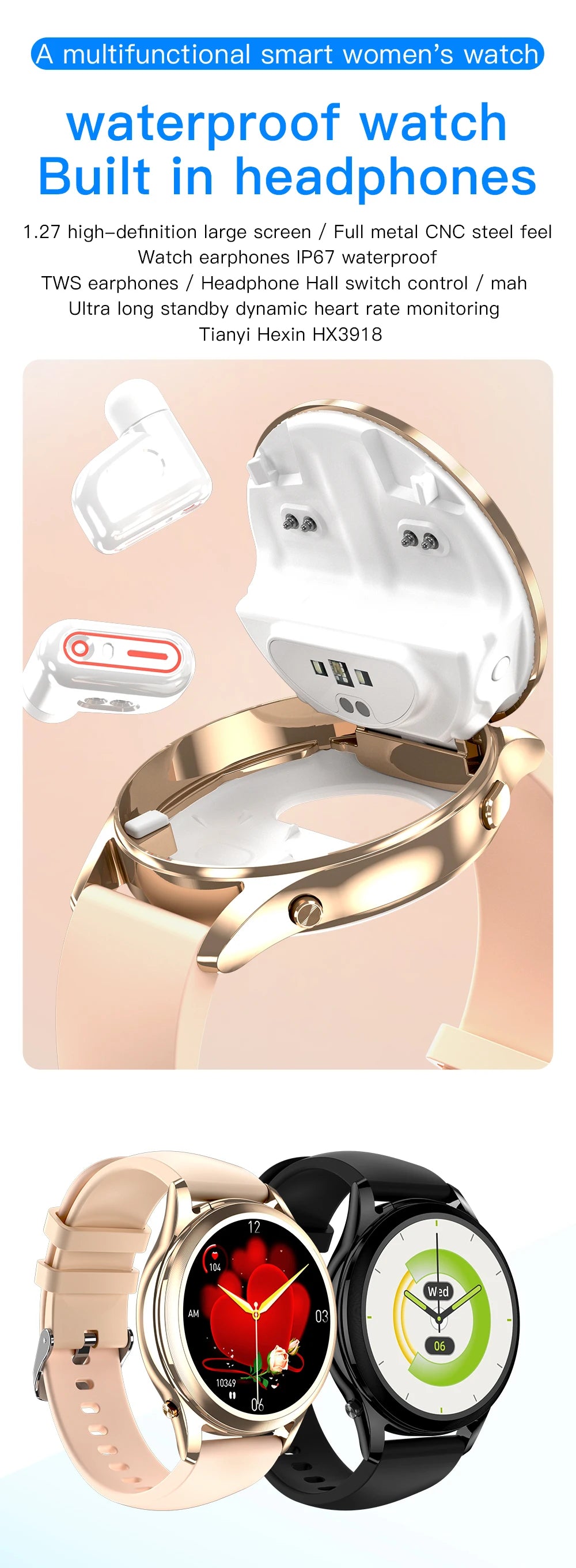 Nuevo Reloj Inteligente 2 en 1 con Auriculares Bluetooth TWS de 1.27 Pulgadas para Mujer, con Monitoreo de Salud, Llamadas BT, Resistente al Agua IP67, 2026