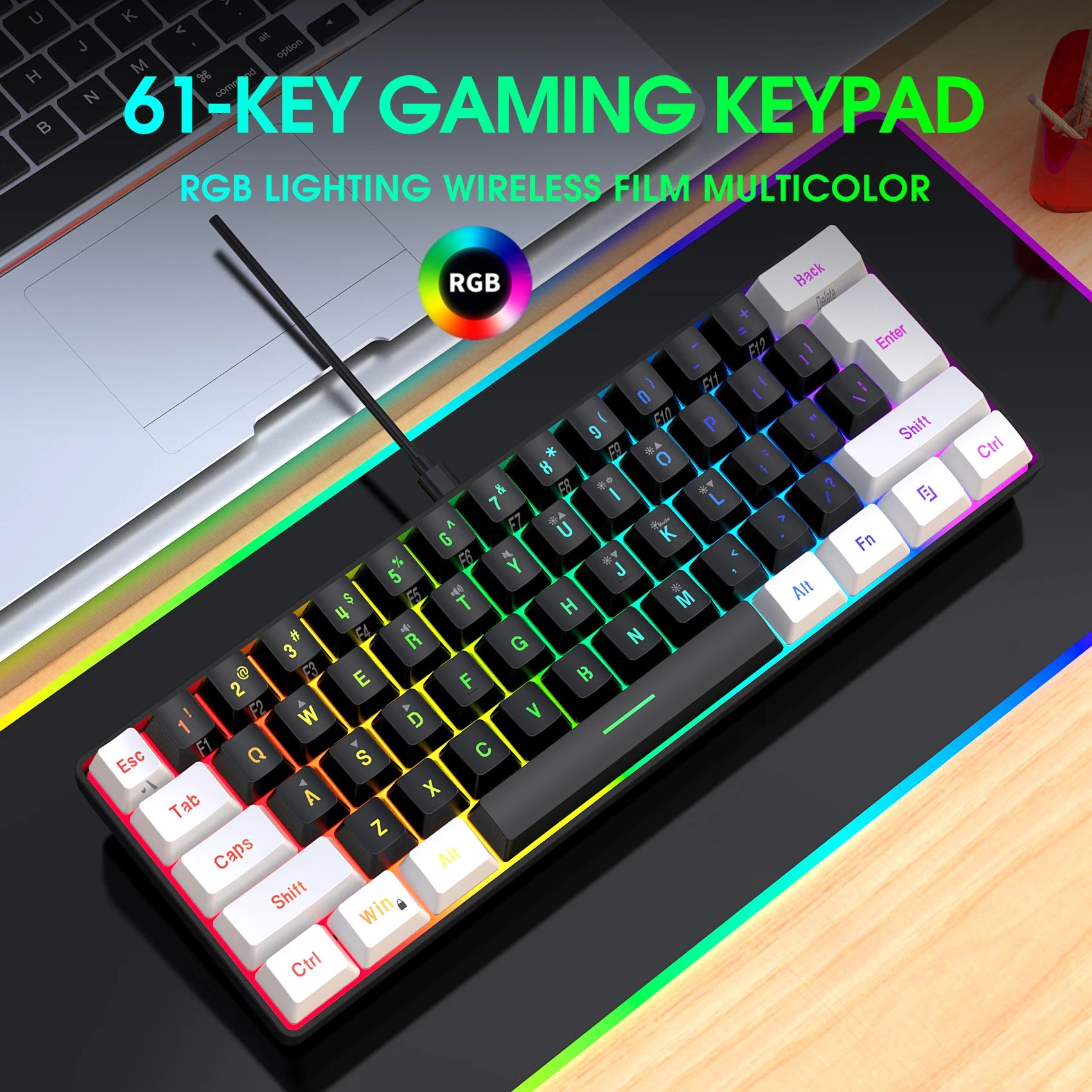 HXSJ-60% Juego de teclado y ratón retroiluminado RGB, teclado con cable de 61 teclas, ratón inalámbrico óptico para juegos de 3 modos para ordenador portátil y PC