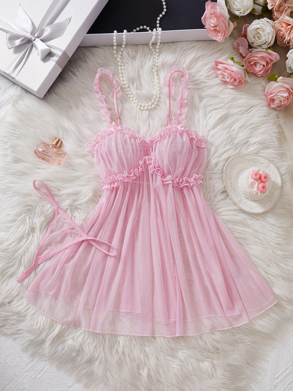 Babydoll Rosa con Encaje y Lazo, Conjunto de Lencería Sexy