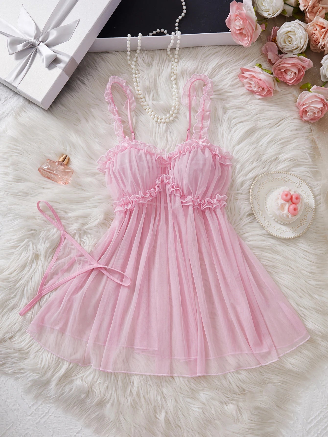 Babydoll Rosa con Encaje y Lazo, Conjunto de Lencería Sexy