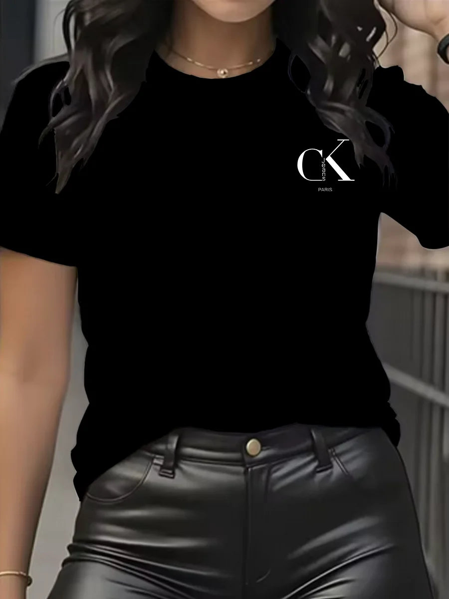 Camiseta con Estampado de Dibujos Animados y Letras Cuello Redondo