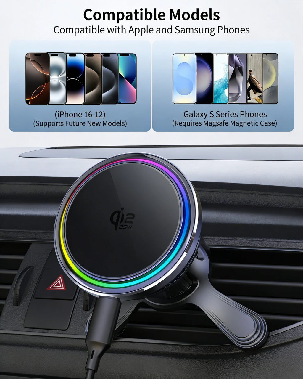 Cargador Inalámbrico Magnético para Auto TEC-Cooler Qi2.2 25W para iPhone 16/17 Pro Max, Carga Rápida, Soporte para Teléfono con Ventilación de Aire para iPhone 17~12