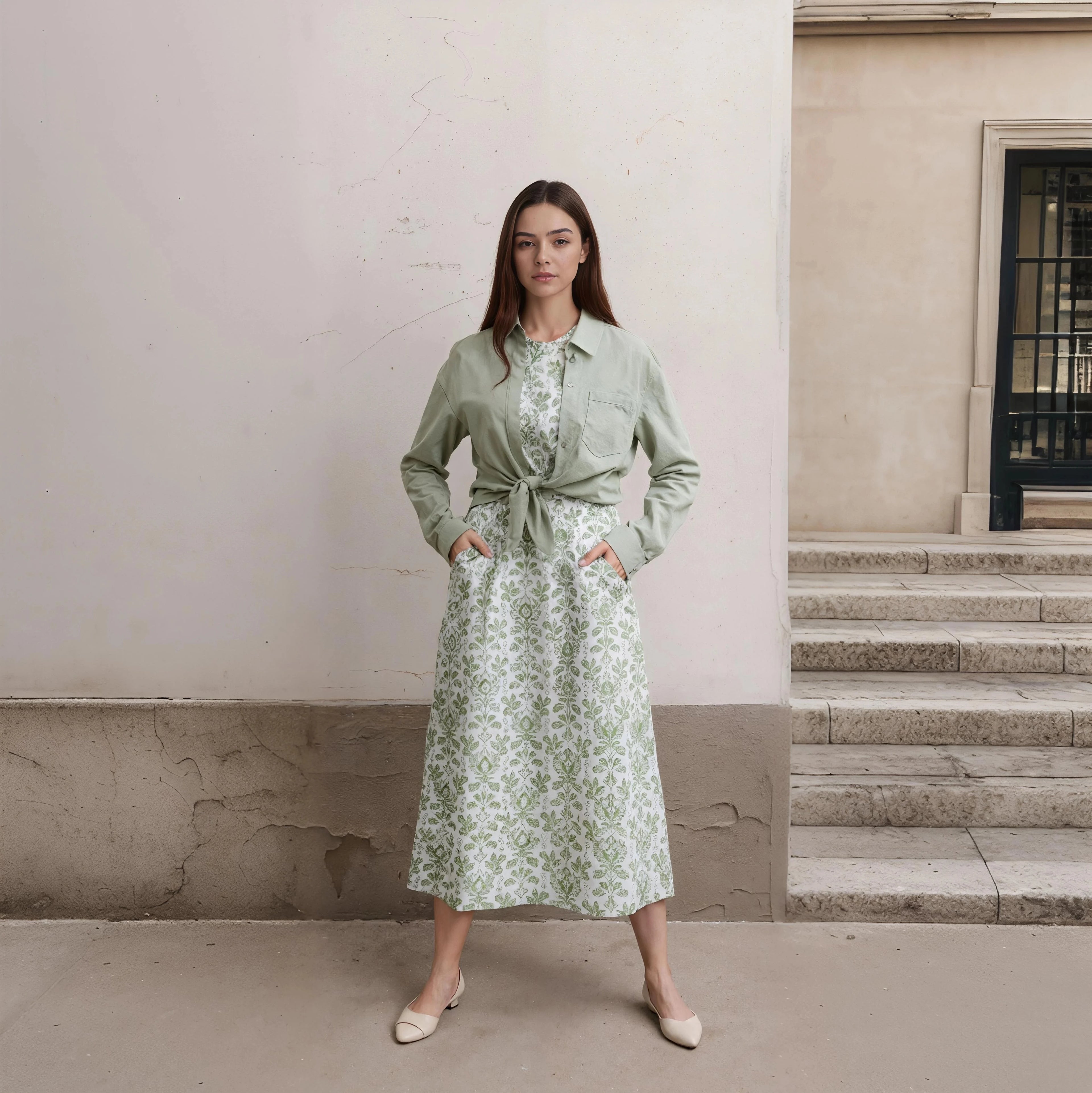 Otoño Invierno Casual mujer Camisa de lino de algodón estampado de moda vestido largo conjunto con blusa de bolsillo elegante señora calle conjunto de 2 piezas