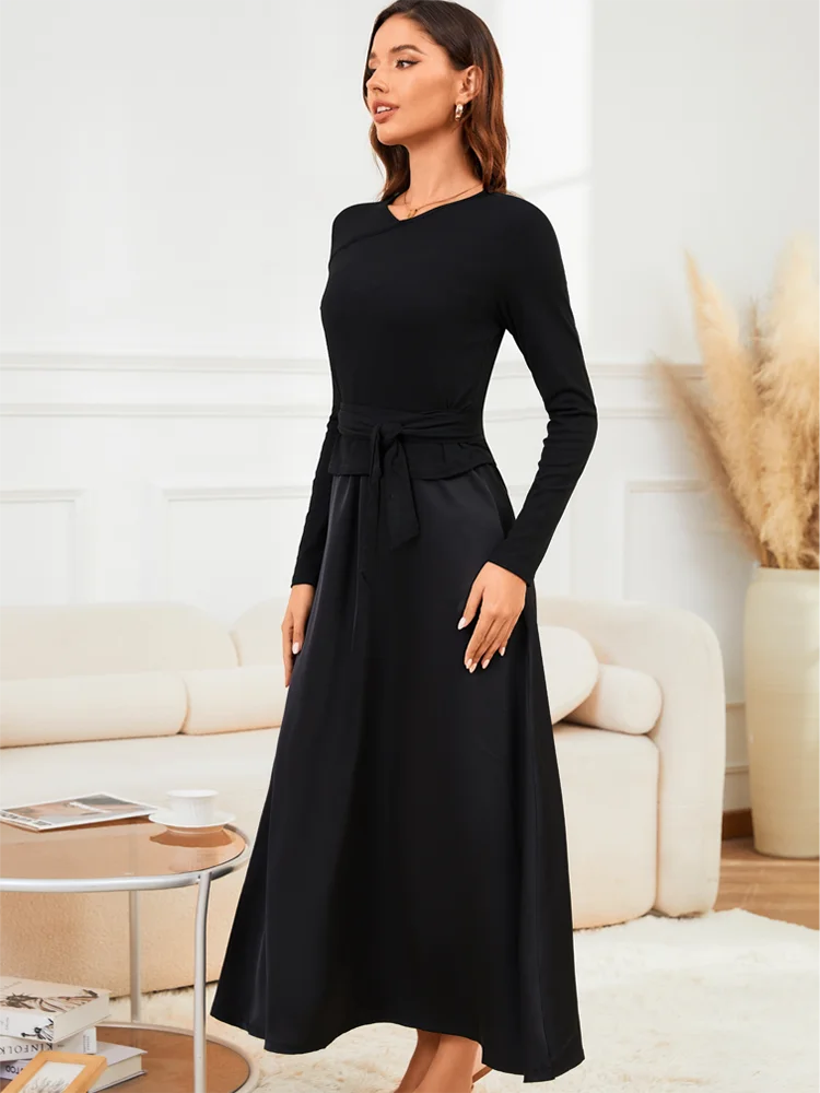 VEITCHE 2025 moda mujer vestido largo traje de algodón con cuello en V Top de punto con cinturón + falda larga de tirantes de Color sólido satinado