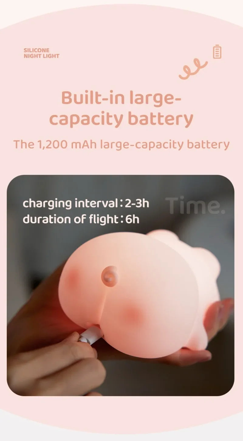 Luz nocturna de cerdito rosa, bonita luz nocturna de silicona, lámpara LED Pat, decoración de habitación, carga USB, lámpara de ambiente interior, regalo para niños