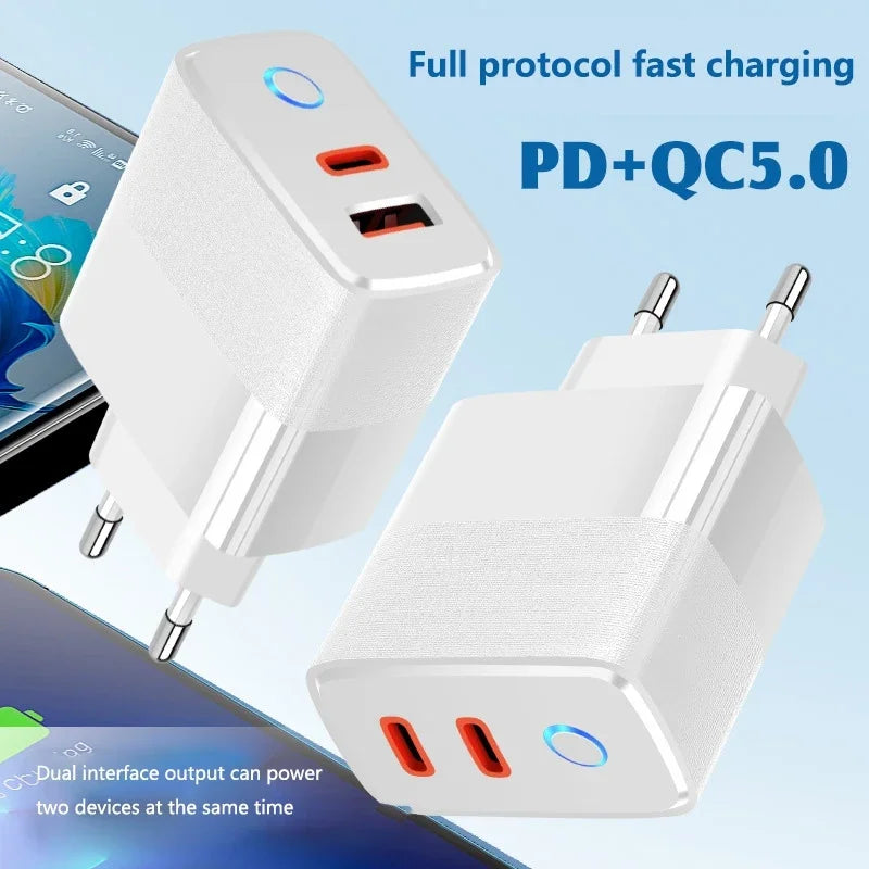 Cargador Rápido Doble Puerto PD+QC5.0 con Indicador LED