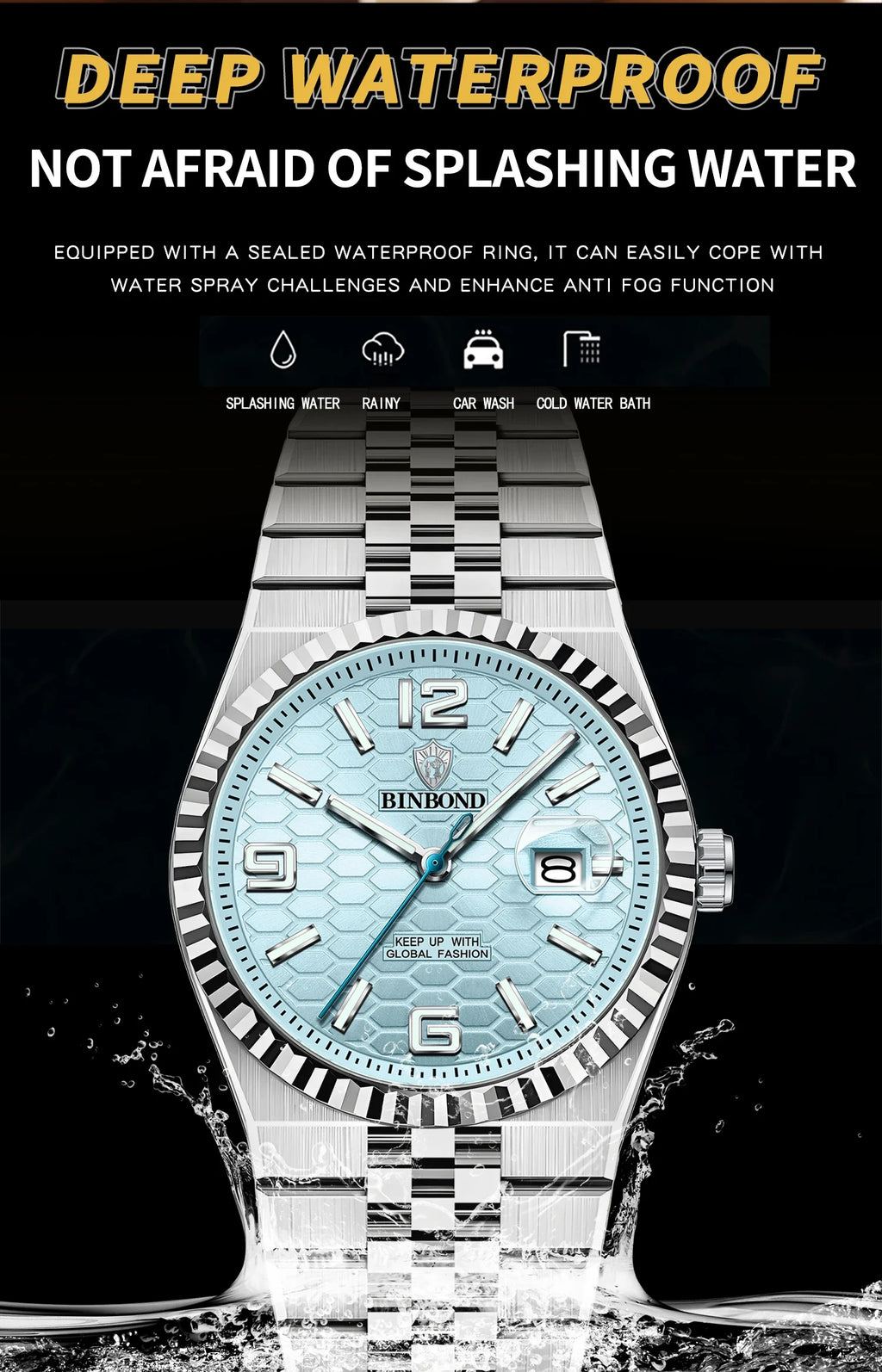Reloj de Cuarzo BINBOND para Hombre, Esfera Luminosa, Acero Inoxidable