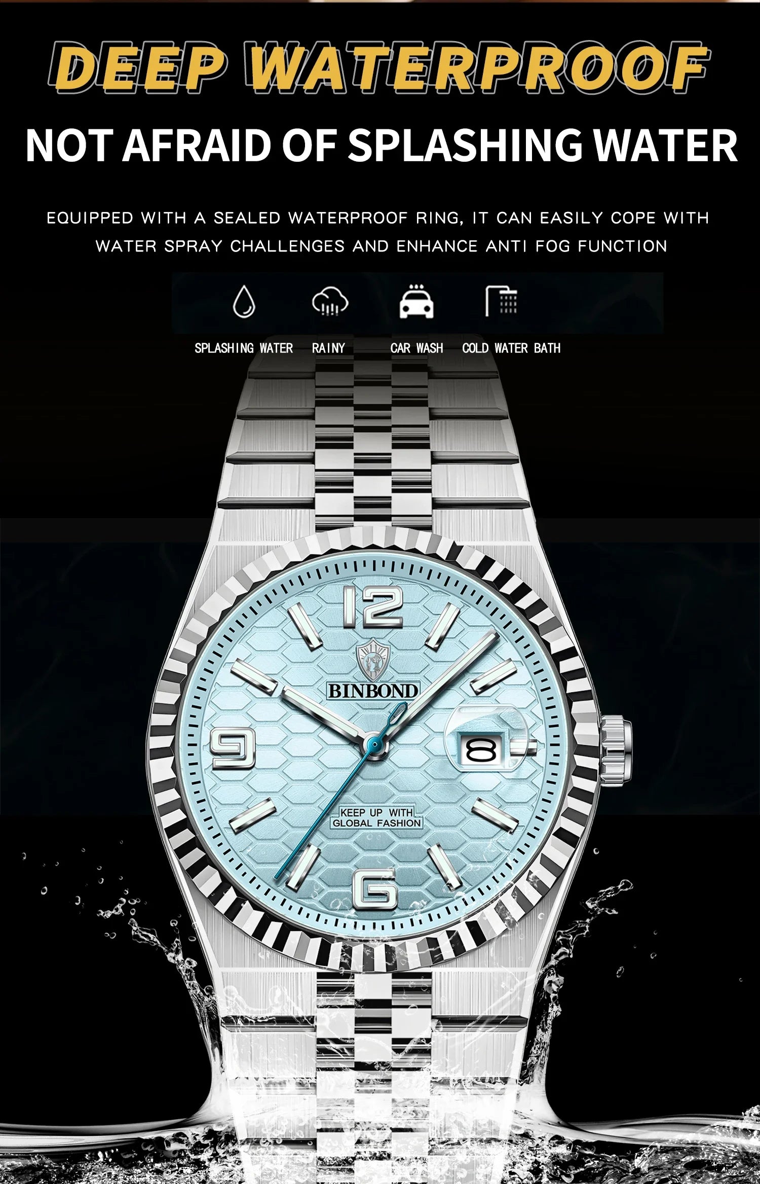 Reloj de Cuarzo BINBOND para Hombre, Esfera Luminosa, Acero Inoxidable