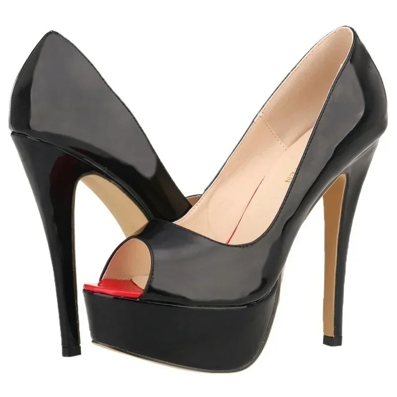 Zapatos de Tacón Aguja con Plataforma Peep Toe 14cm - Charol