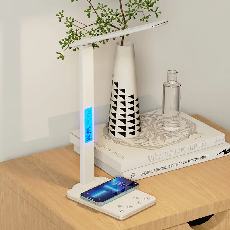Lámpara de escritorio de lectura plegable, luz de escritorio enchufable USB, 15W, carga inalámbrica para teléfono móvil con tiempo, dormitorio, oficina, protección ocular