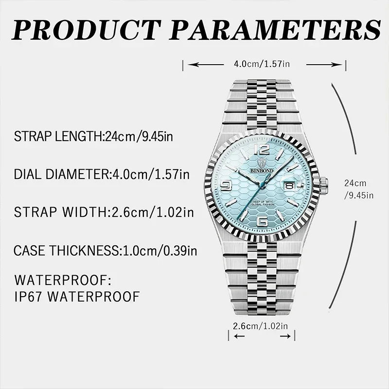 Reloj de Cuarzo BINBOND para Hombre, Esfera Luminosa, Acero Inoxidable