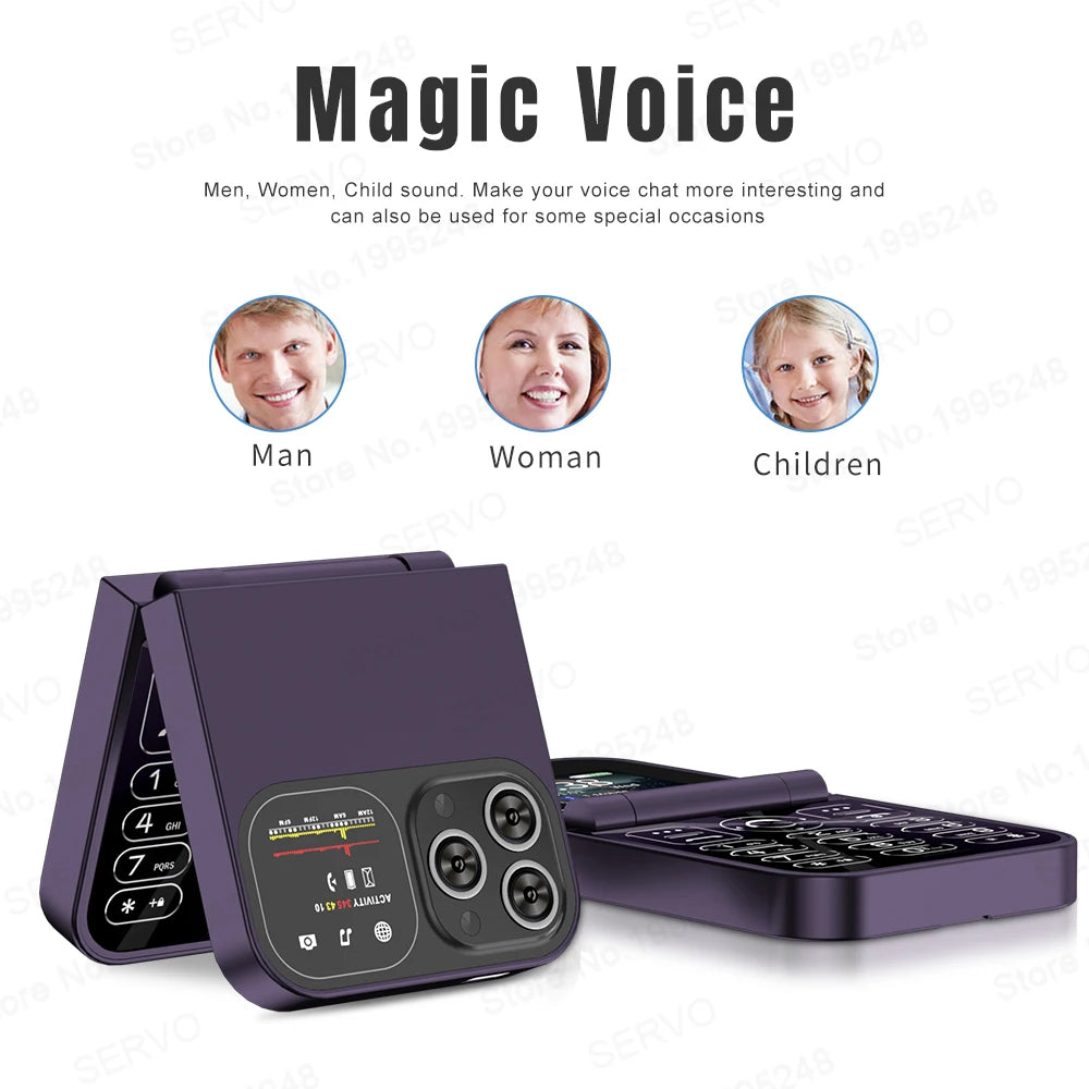 SERVO F15 Mini teléfono móvil pequeño con tapa 2 SIM en espera velocidad Dial linterna de voz mágica grabación de llamadas 2G GSM lindo teléfono móvil plegable
