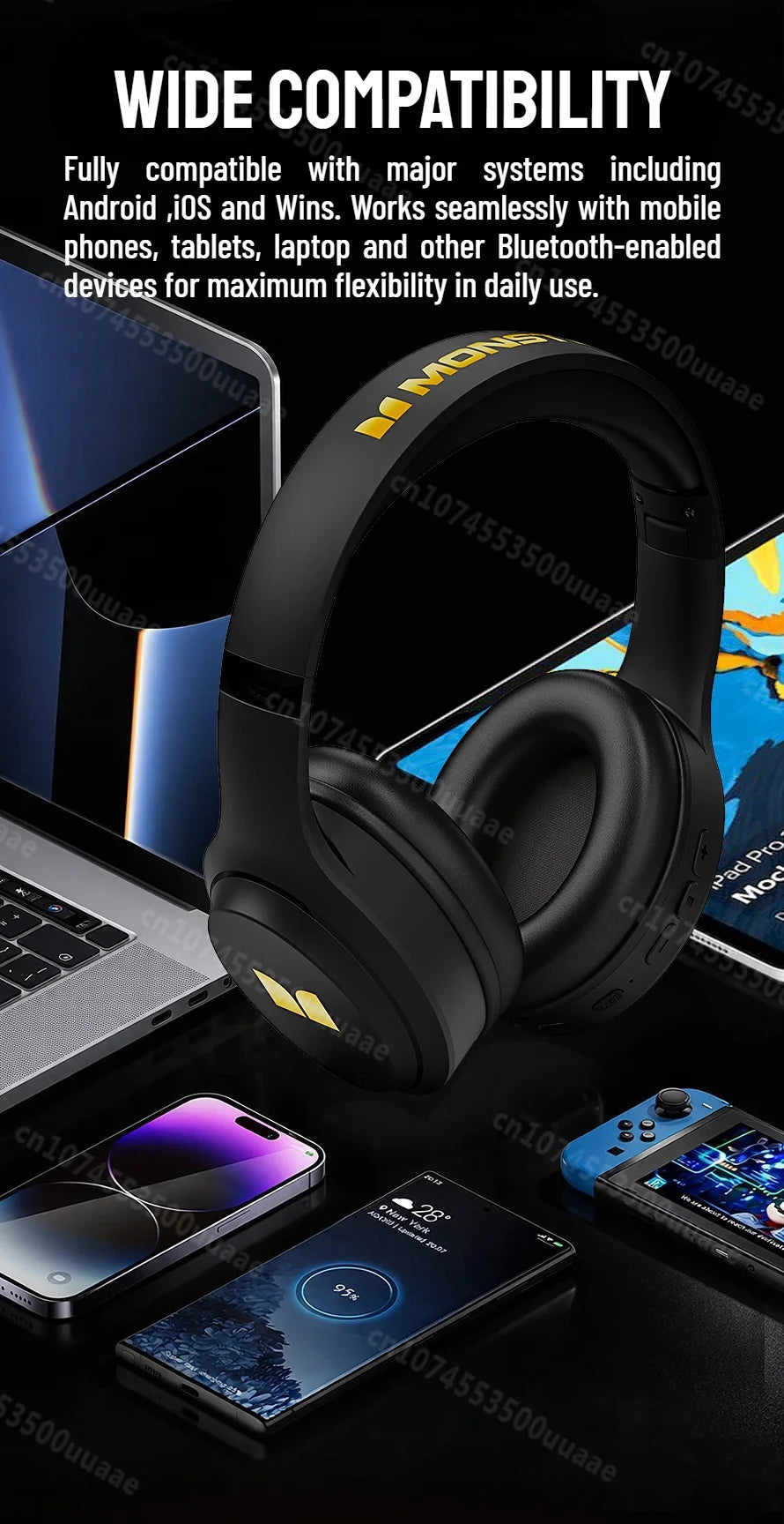 Auriculares Bluetooth 6.0 Monster Harmonic N21 con Modo EQ Dual, Sonido Estéreo Envolvente, Plegables, con Cable/Inalámbricos