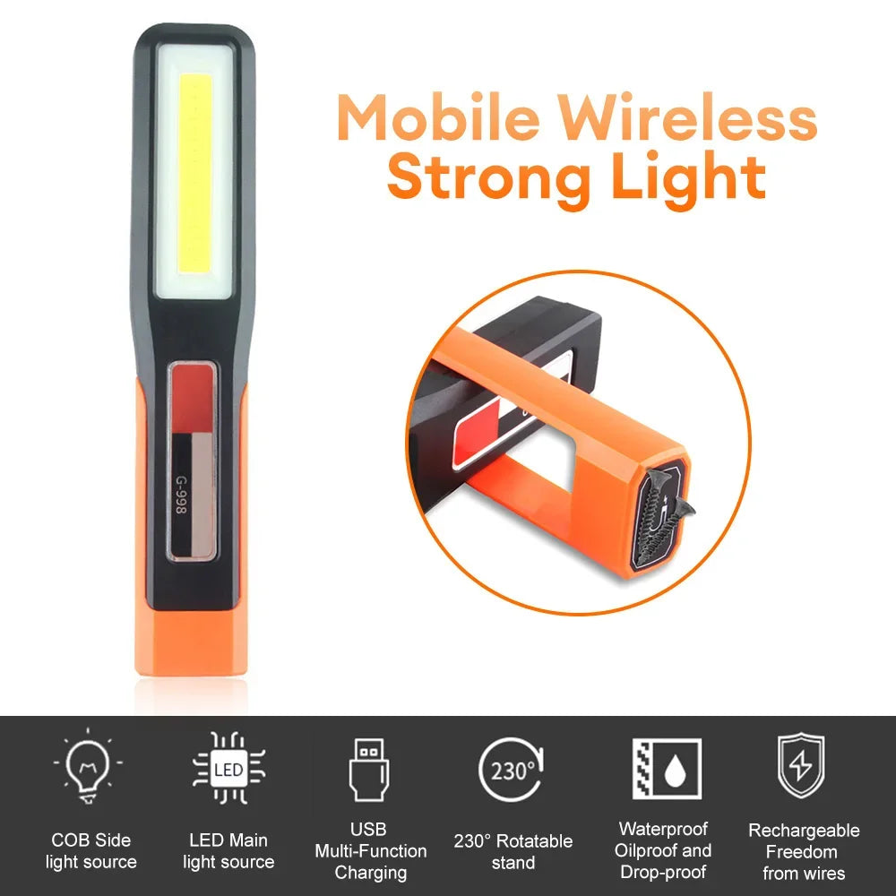 Linterna LED COB Recargable USB con Imán para Taller y Garaje