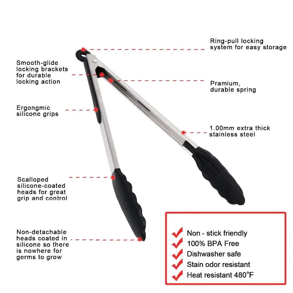 LMETJMA Pinzas de cocina premium Pinzas de cocina de silicona 9 12 pulgadas Sin BPA Antiadherente Barbacoa Cocinar Grilling Bloqueo Pinzas para alimentos KC0253