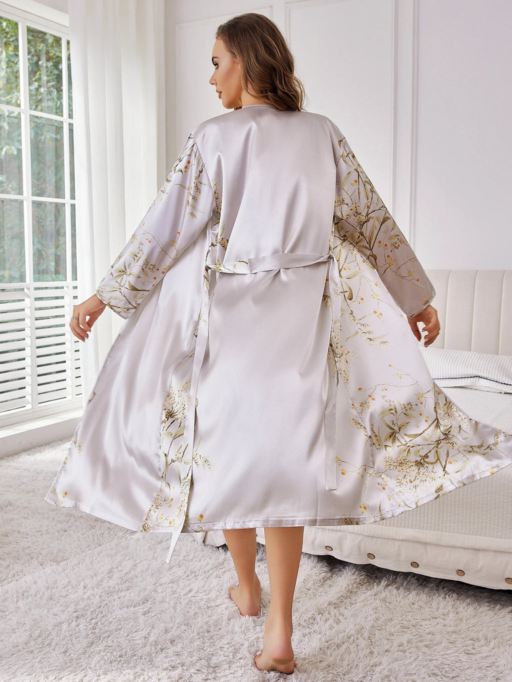 ‌   Conjunto de ropa de descanso floral de satén de seda, bata con cinturón, camisola, camisón, ropa de dormir elegante de dos piezas para todas las estaciones