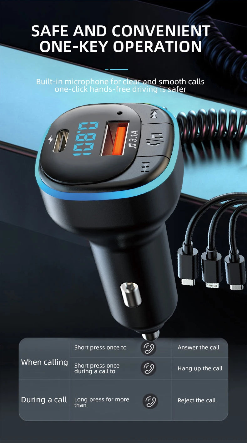 Transmisor FM Bluetooth para Auto con Cargador Dual y Cable 3 en 1