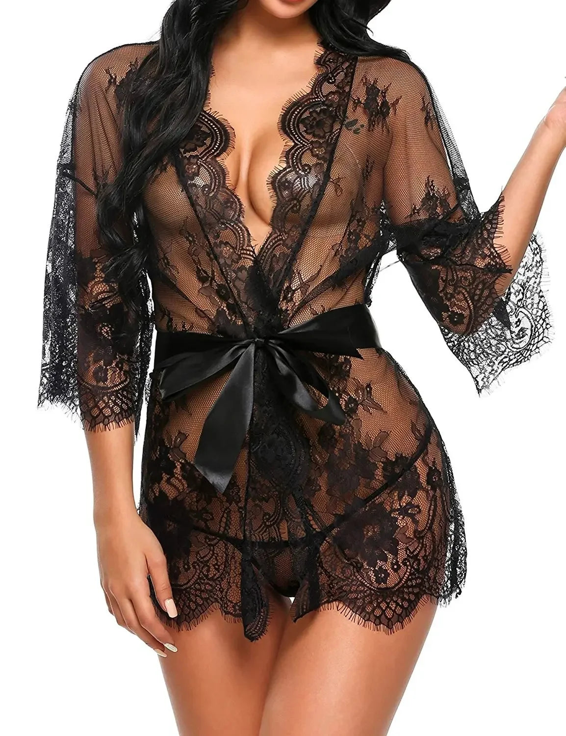 Babydoll Transparente con Cuello en V, Tanga de Encaje para Mujer