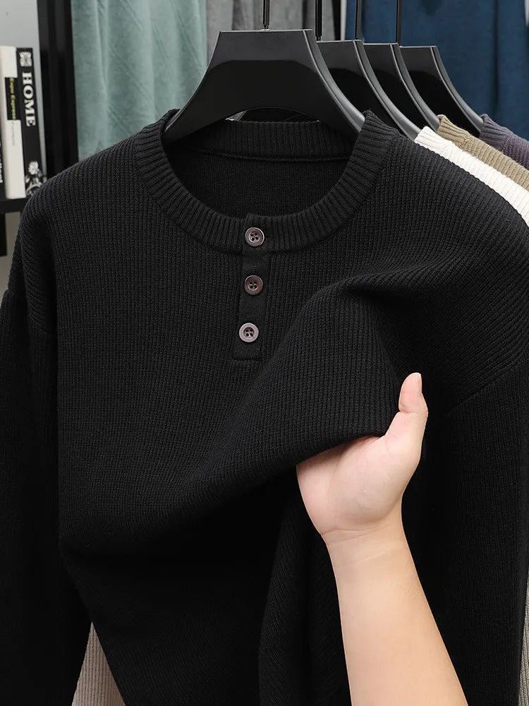 Suéter de punto Henley de peso pesado de 500 g para hombre - Beige (caqui/negro/gris/verde) Otoño Invierno esencial    Toque suave