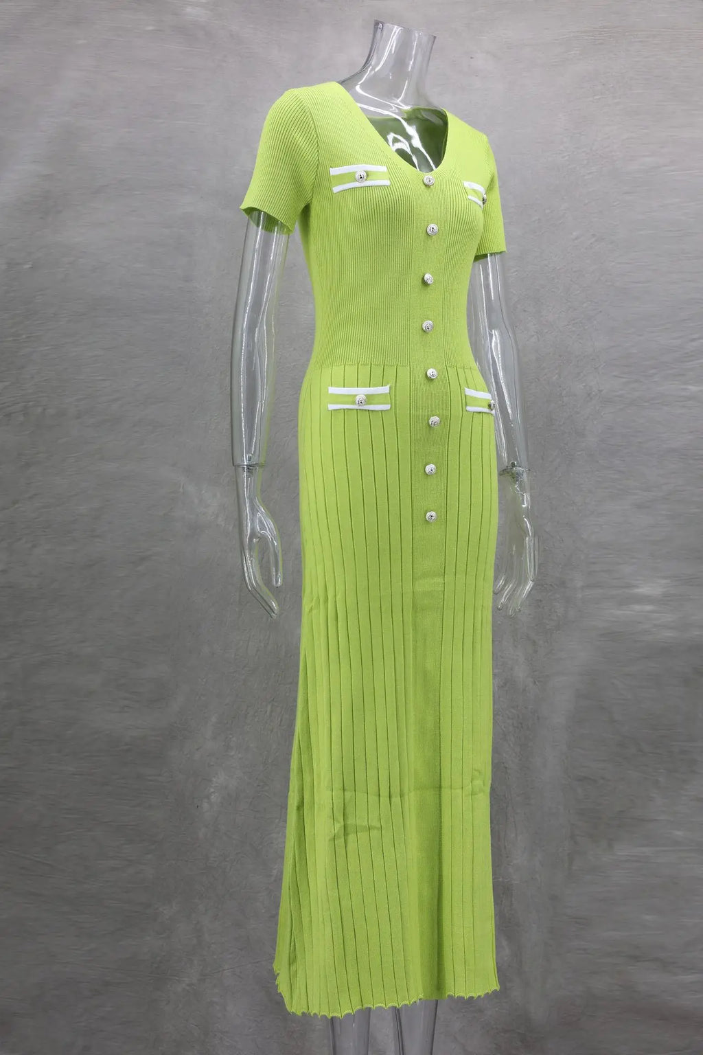Vestido largo de punto con cuello en V para mujer, suéter elegante de un solo pecho, ropa de calle ceñida al cuerpo, moda de verano, 2024