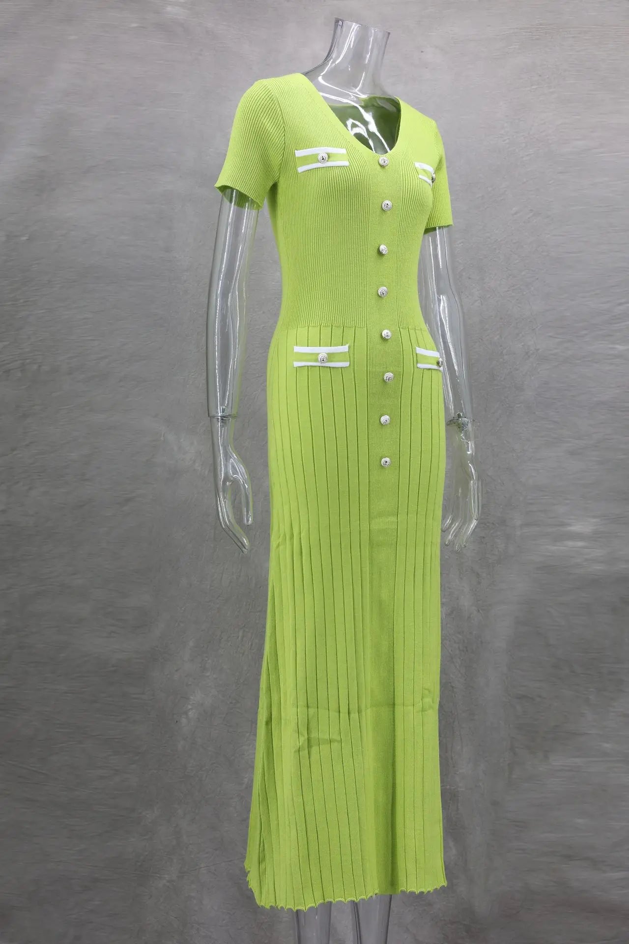 Vestido largo de punto con cuello en V para mujer, suéter elegante de un solo pecho, ropa de calle ceñida al cuerpo, moda de verano, 2024