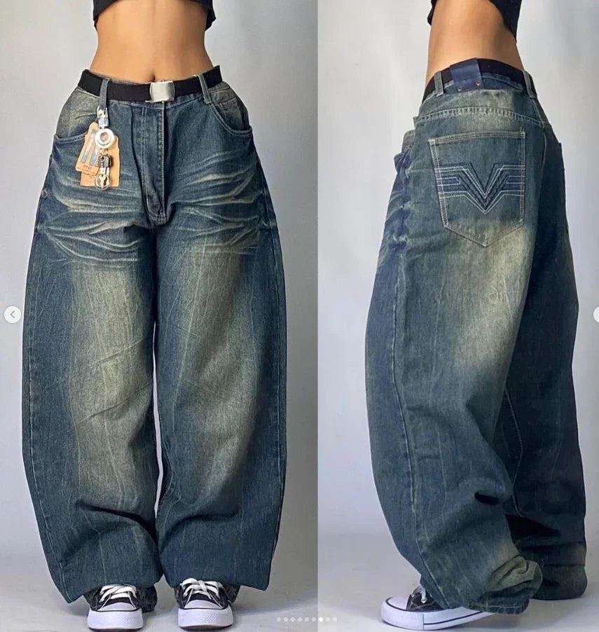 Pantalones Vaqueros Holgados Vintage de Pierna Ancha Y2K para Mujer