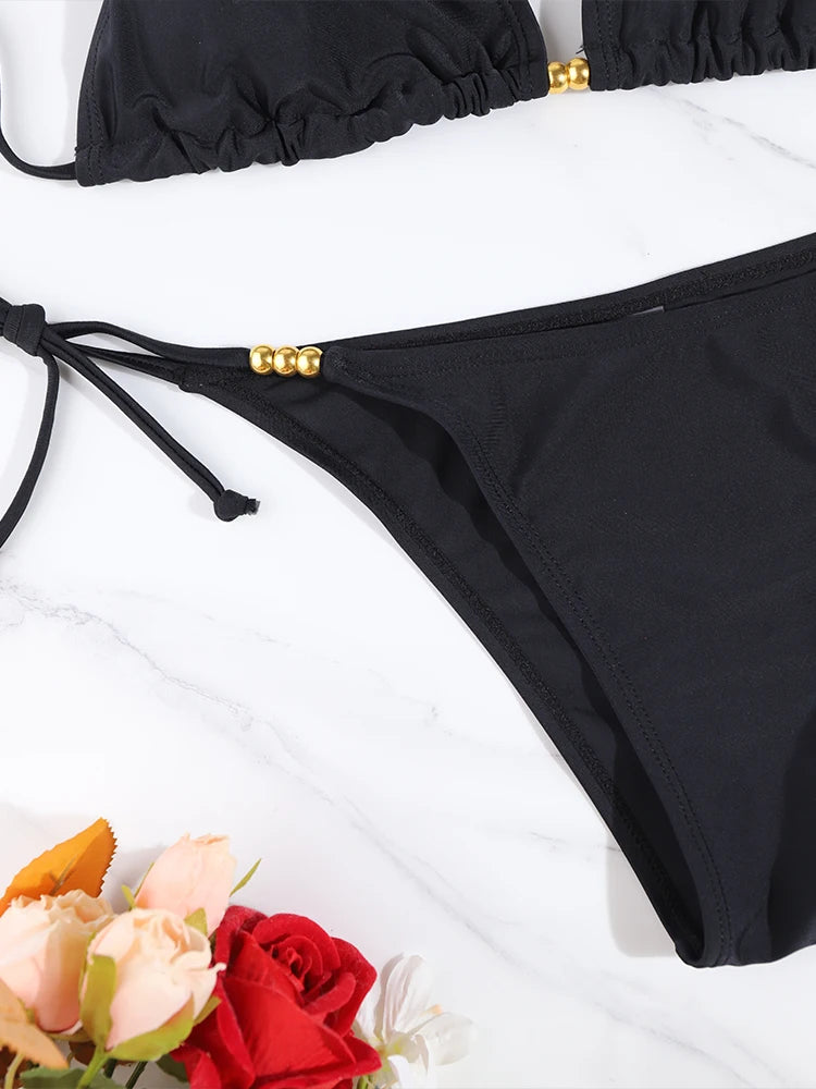 Conjunto de Bikini Triangular Sexy con Tanga Micro, Traje de Baño para Mujer, Ropa de Playa, Bikini de Color Sólido