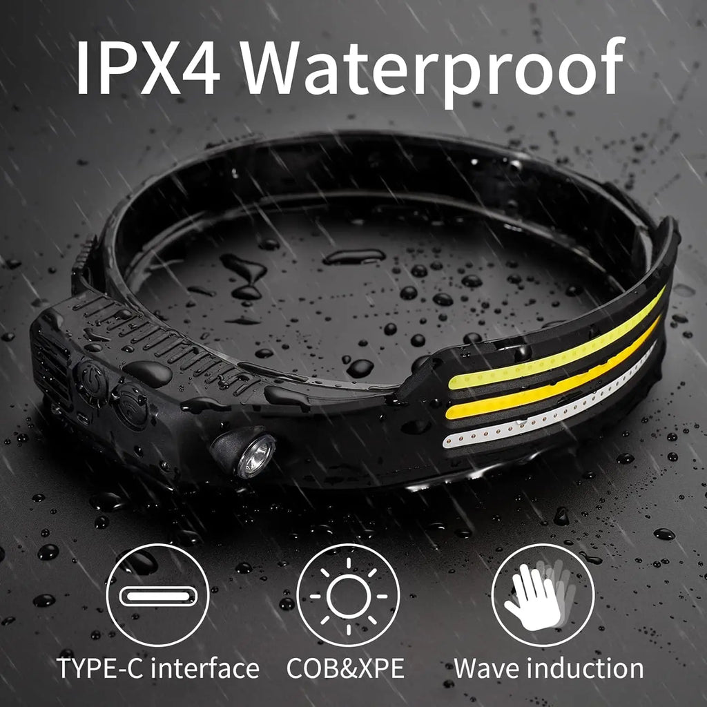 Linterna Frontal LED COB Recargable USB, 10 Modos, IPX4