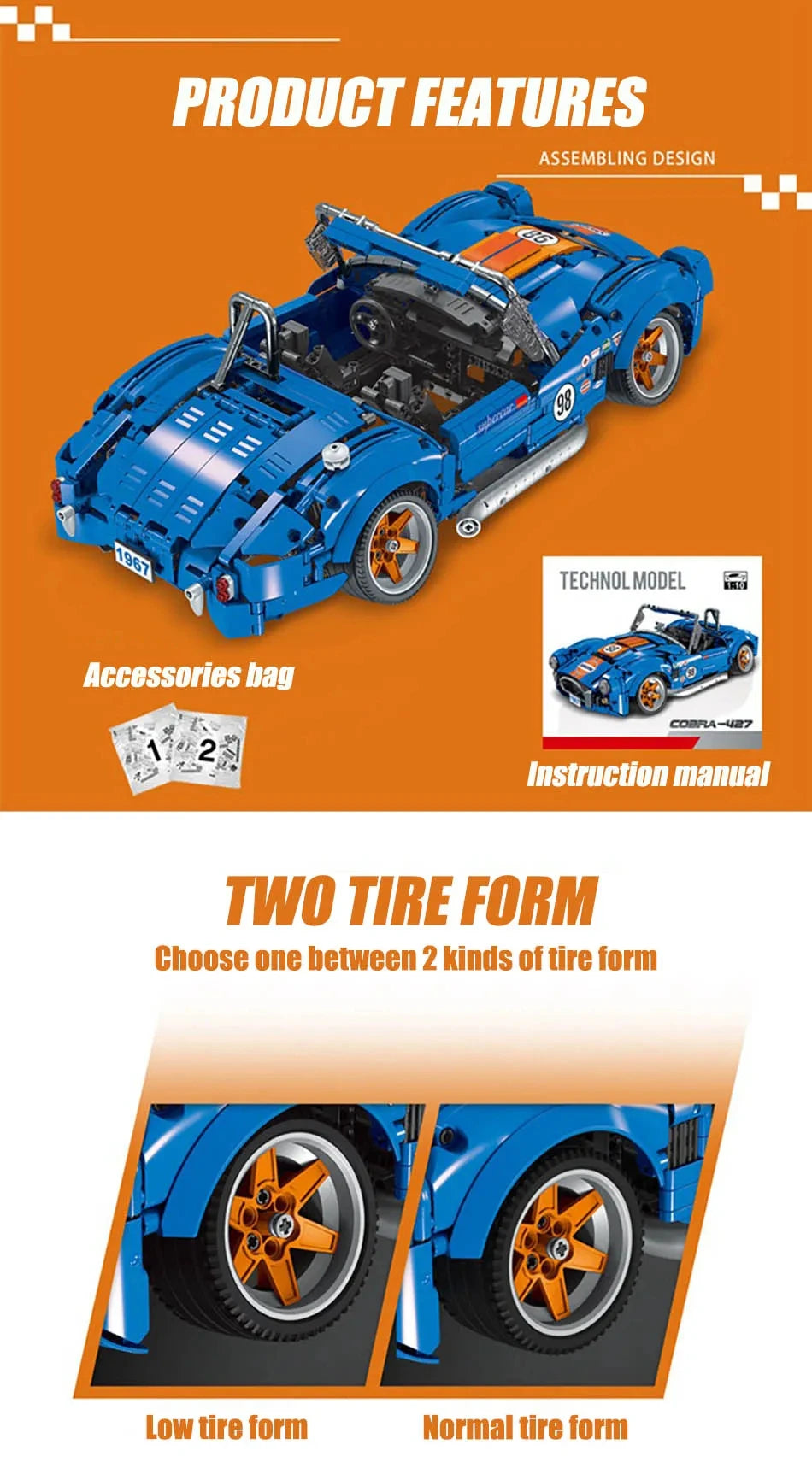 1816 Piezas de Bloques de Construcción Técnicos del Coche de Carreras Shelby 260 Cobra CSX2000, Ladrillos de Coche Bajo el Suelo, Juguetes para Niños, Regalos para Niños